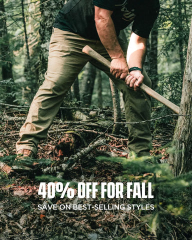 Person chopping wood in a forest with promotional text overlay