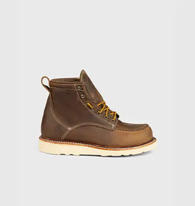 Brown leather boot with white sole on a light gray background nav CTA